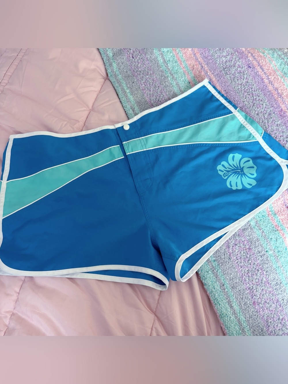 Vintage 2004 Victoria’s Secret Blue Hibiscus Board Shorts Y2K Surf Swim Cover Up